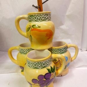 4 Alco Mugs Cups Yellow w/Stand Pitcher Style Band Rim 3D Trim Fruits 10oz